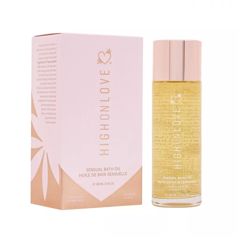 HighOnLove Lavender & Honey Sensual Bath Oil in elegant 100ml bottle and stylish box.