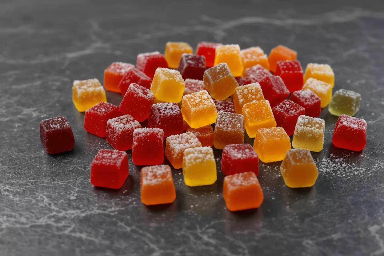 Un montón de dulces gomosos vibrantes, cubiertos de azúcar, en rojo, naranja y amarillo.