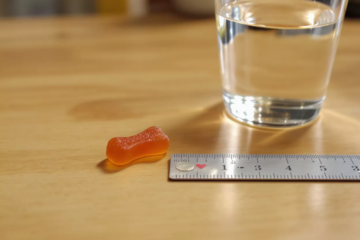 Goma en forma de hueso naranja junto a una regla y un vaso de agua.