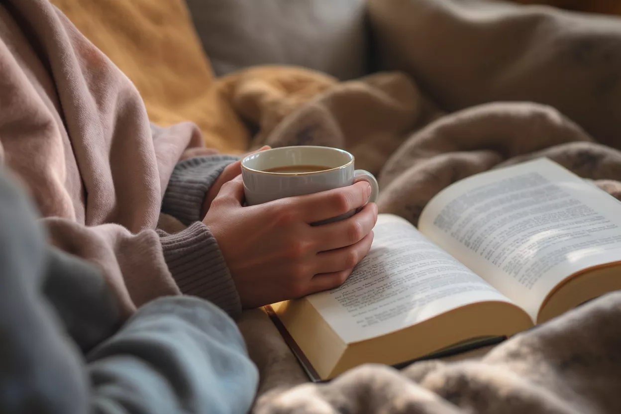 Manos sosteniendo una taza de café sobre un libro abierto sobre una manta.