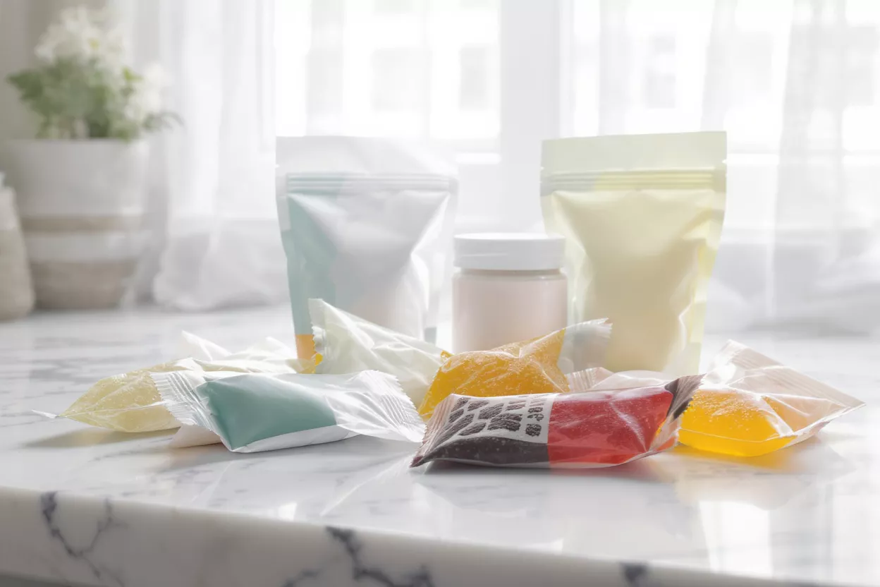 Varios empaques de productos, incluyendo bolsas, sobres y un frasco, sobre una superficie de mármol.