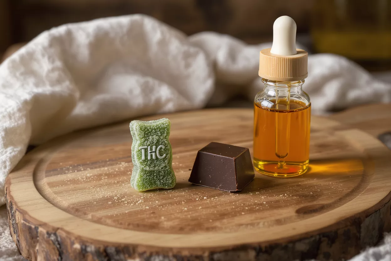 Gominola verde de THC, comestible de chocolate y frasco gotero de aceite de THC sobre madera.