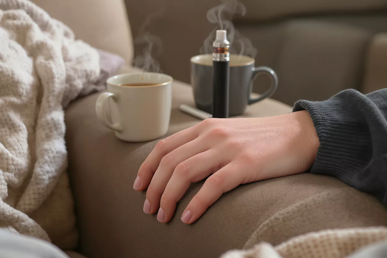 Vapotage et café dans un cadre confortable Une main posée sur un canapé avec une cigarette électronique, des tasses de café et une couverture.