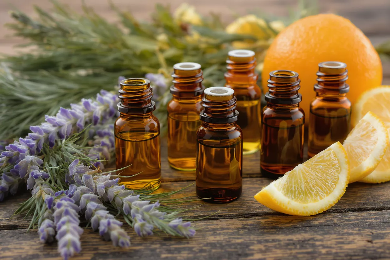 Huiles Essentielles d'Aromathérapie Flacons ambrés d'huiles essentielles avec lavande, orange et tranches de citron sur du bois.