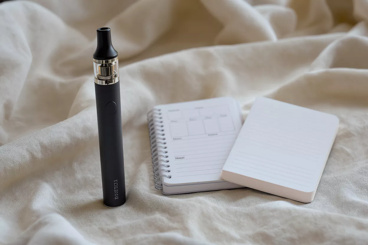 Vape Pen et carnet sur tissu Vape Pen noir à côté d'un carnet à spirale et d'un petit bloc-notes sur un tissu clair.