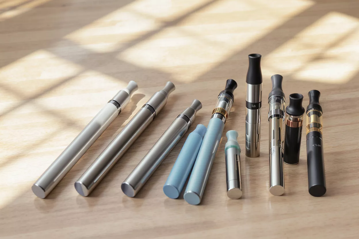 Una colección de diversos bolígrafos vape y cigarrillos electrónicos sobre una superficie de madera.