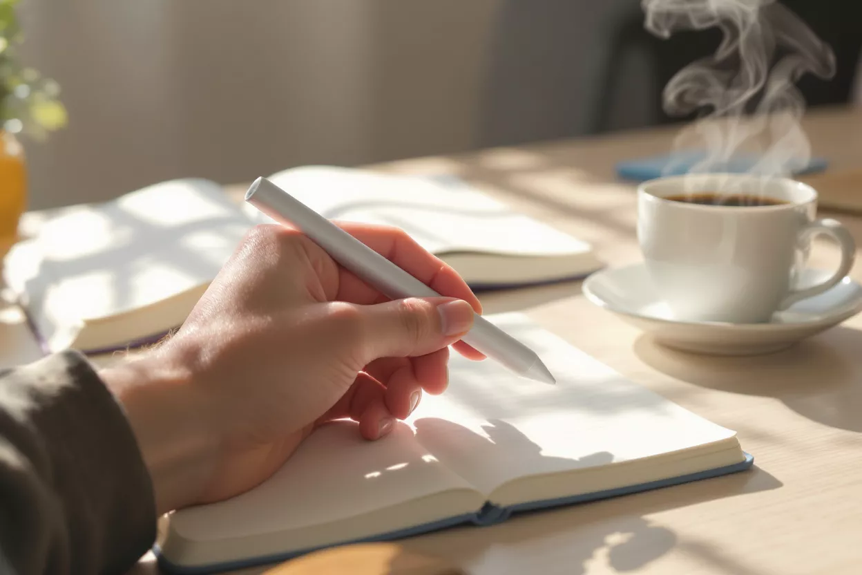 Mano escribiendo en un cuaderno con un bolígrafo, café humeante cerca.
