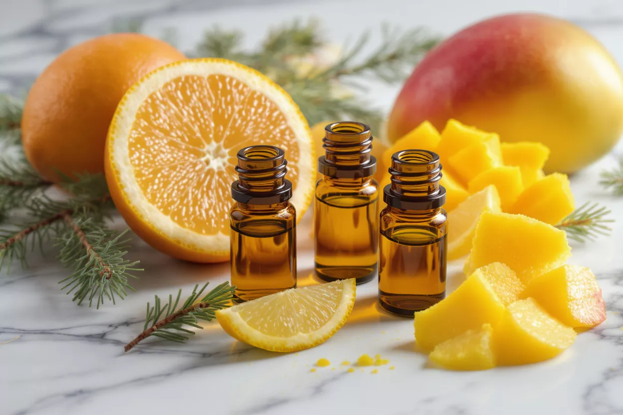Tres frascos ámbar de aceites esenciales con naranjas, mango, limón y ramas de pino.