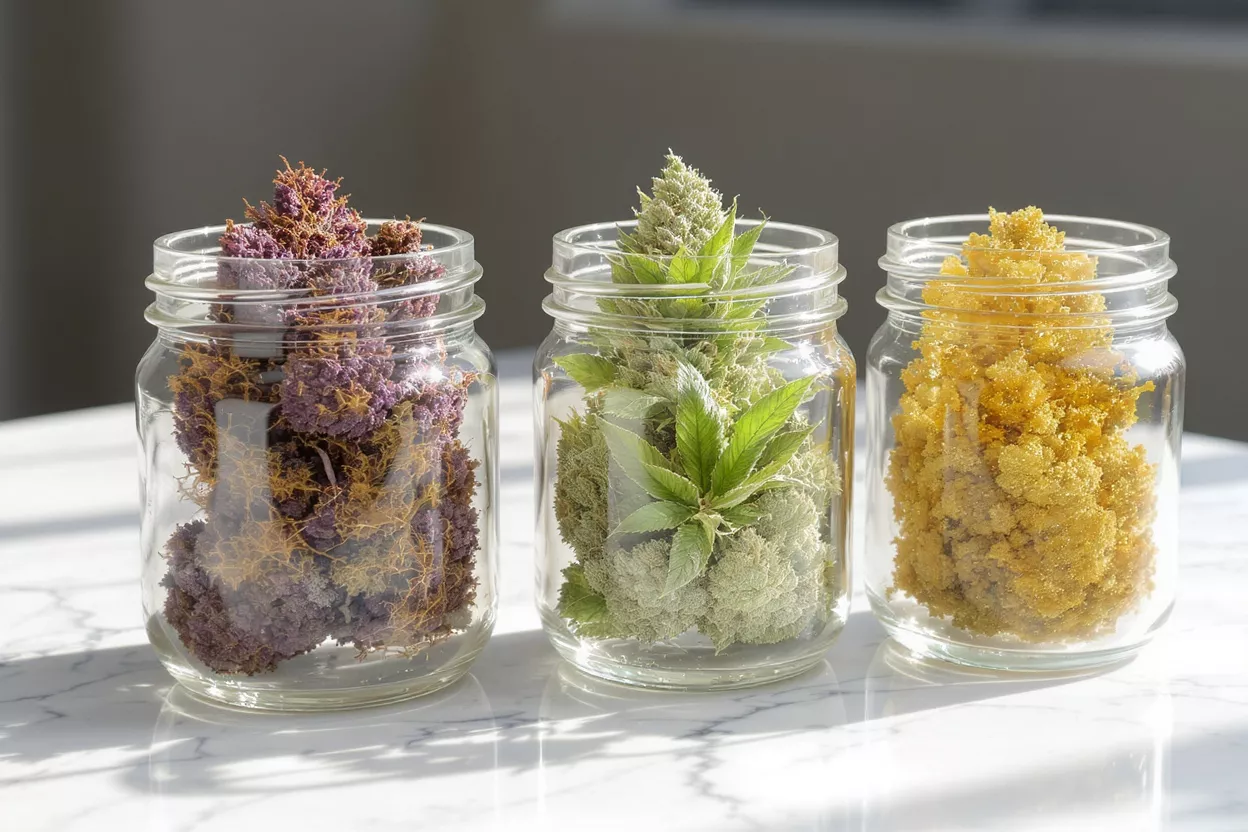 Three jars filled with different cannabis strains