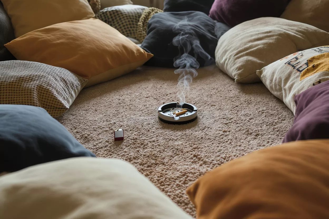A cigarette in an ashtray with smoke in a cozy setting