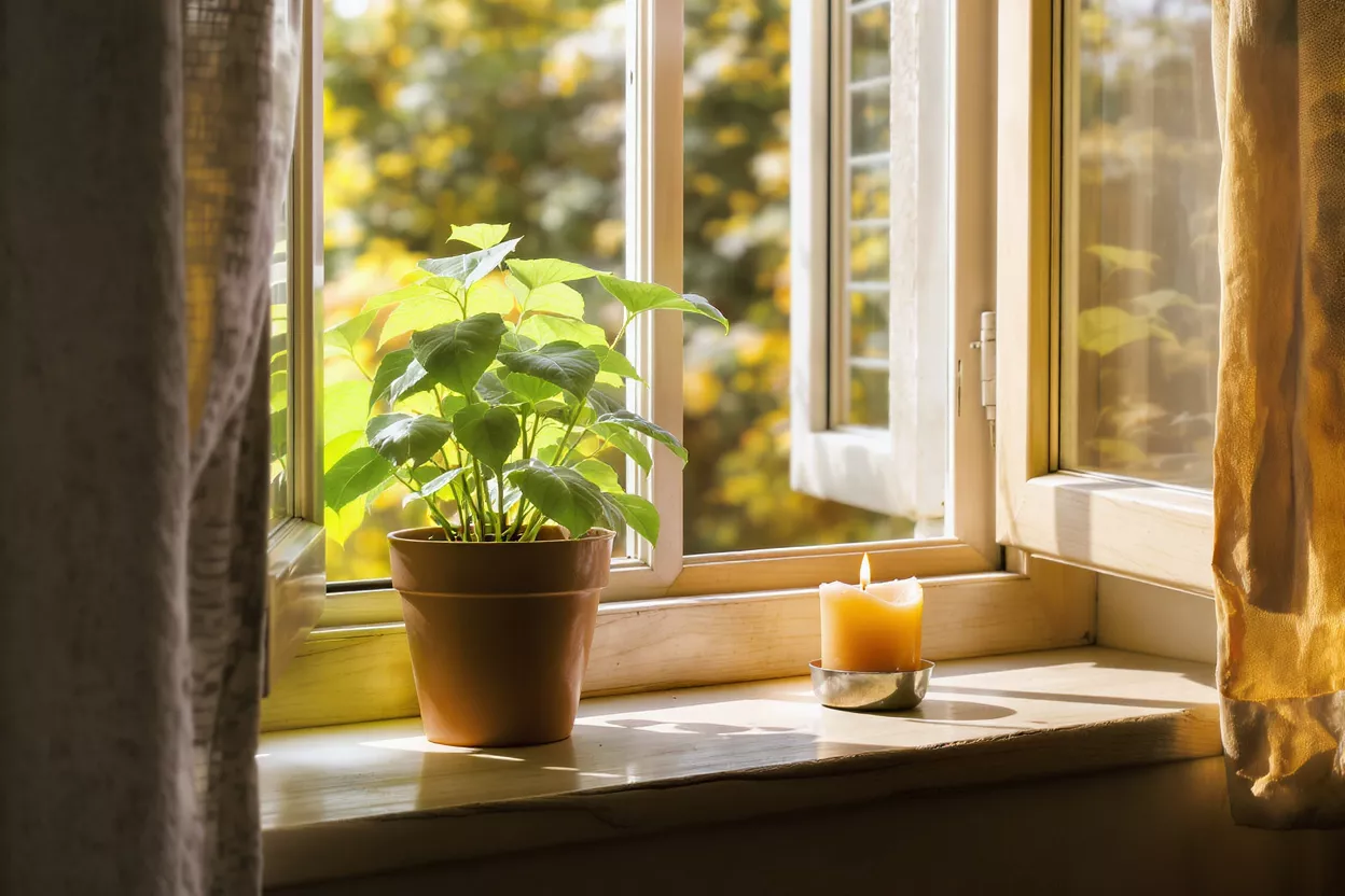 A green plant and a candle on a windowsill