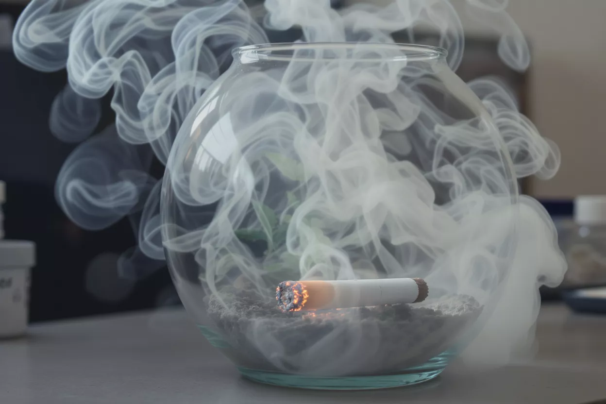A cigarette burning inside a glass bowl filled with ash