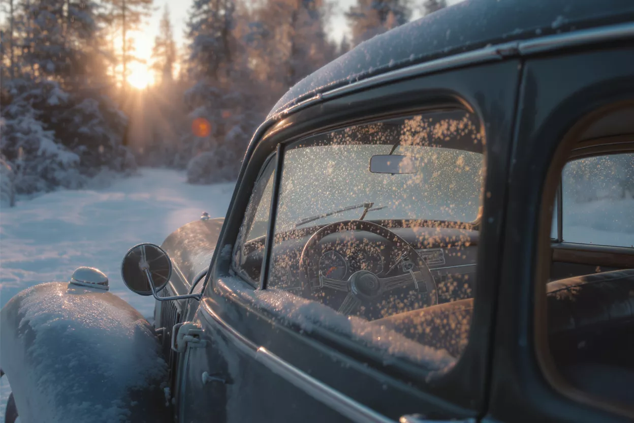 Interior view of a vintage car covered in snow