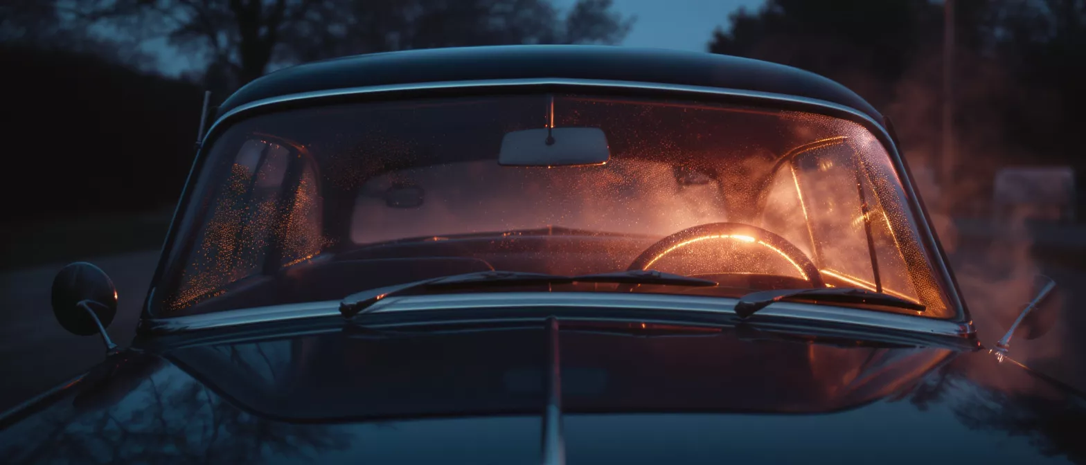 Interior view of a vintage car with fogged windows