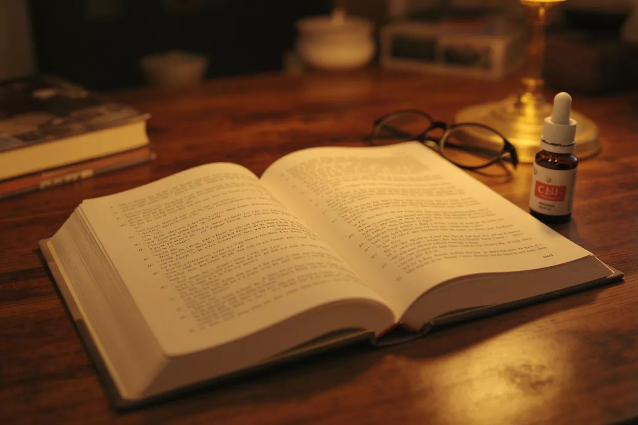 Open book, glasses, and a CBD oil bottle on a wooden table.