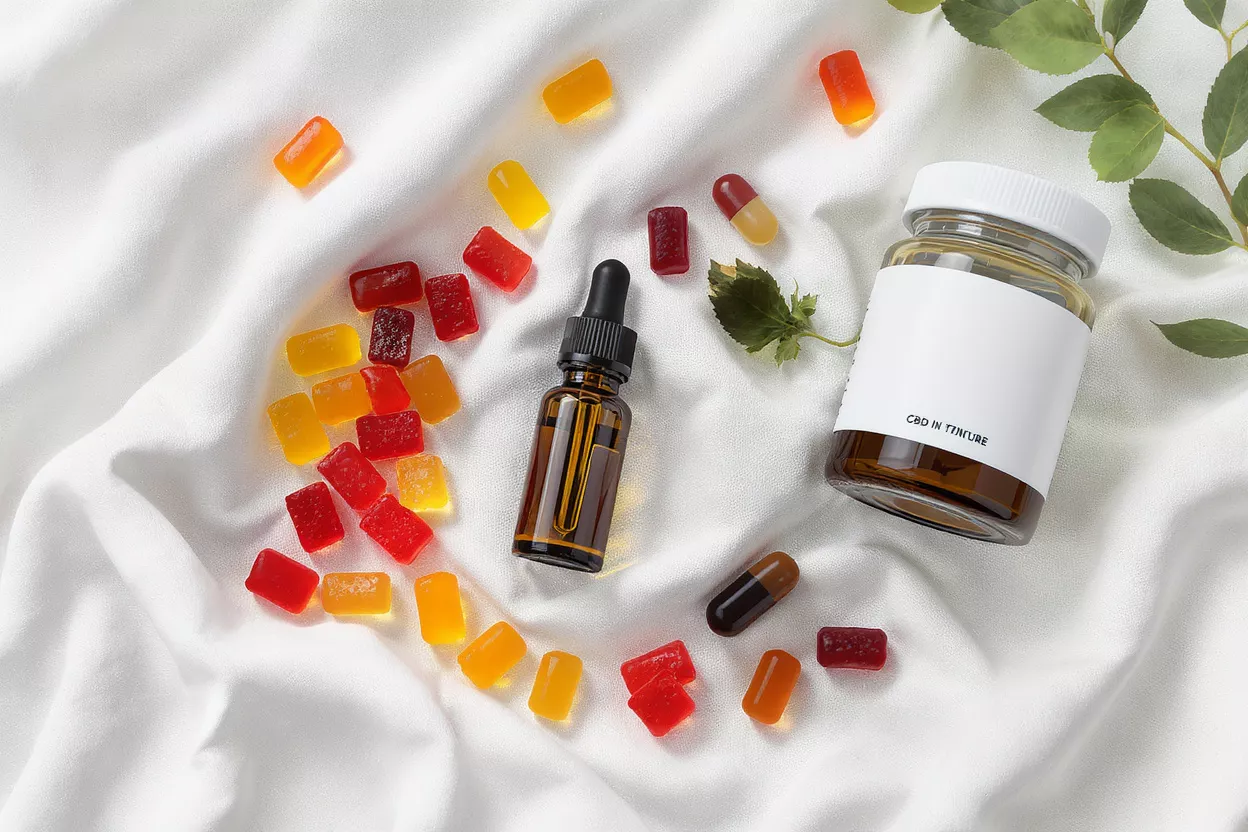 CBD gummies, tincture, and capsules on white fabric with green leaves.