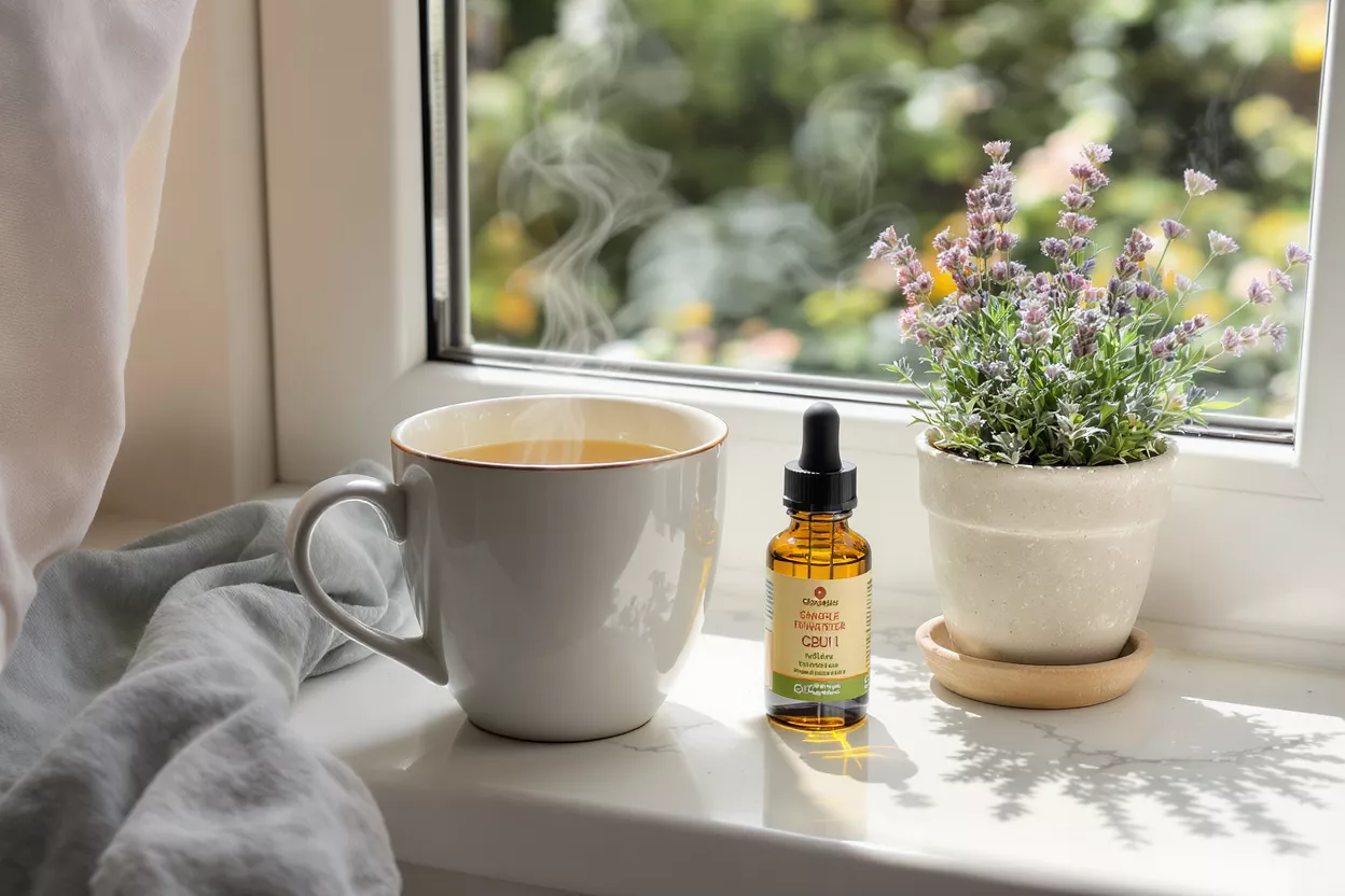 CBD oil, steaming tea, and lavender plant on a sunlit windowsill.
