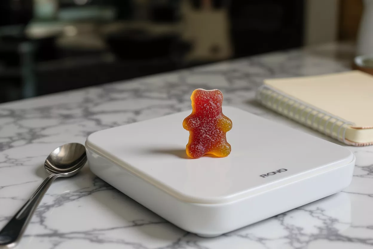 A red and orange gummy bear stands on a white digital kitchen scale.