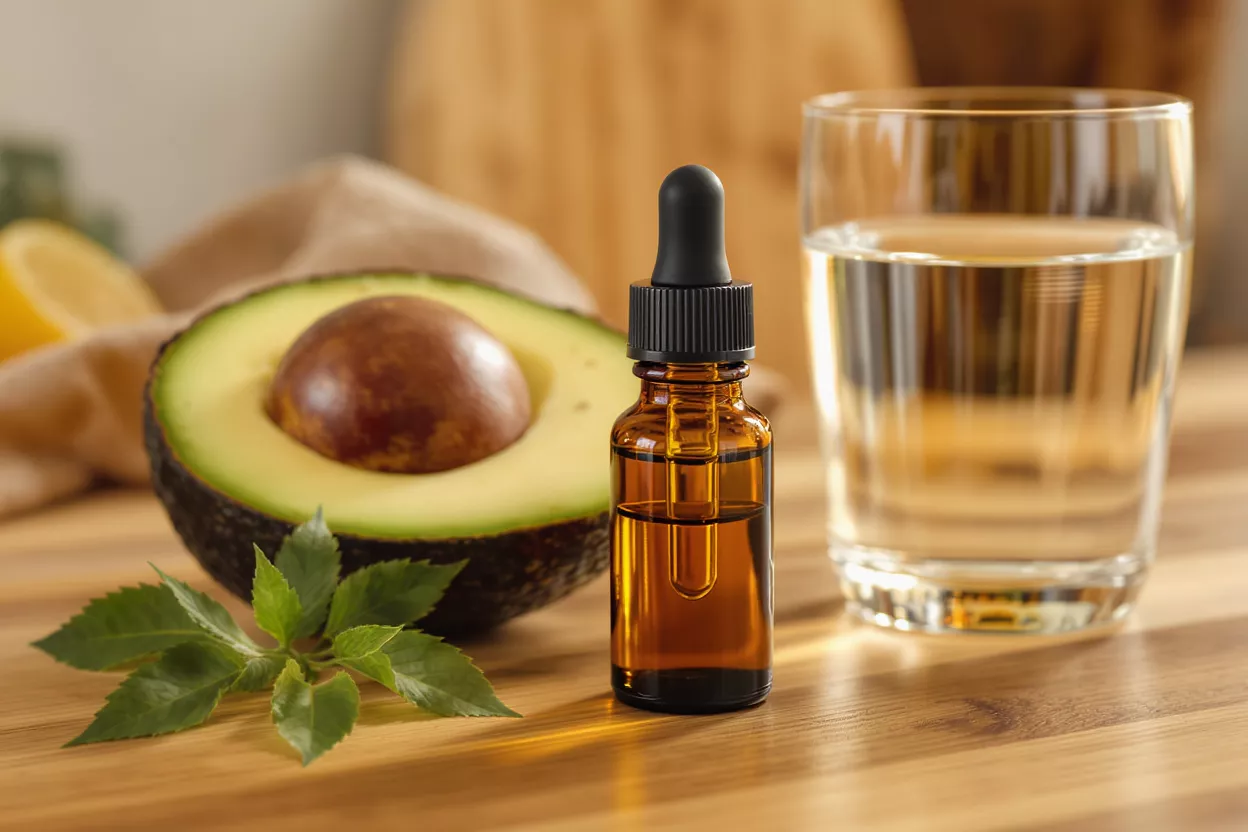 Avocado oil dropper bottle, half avocado, fresh leaves, and glass of water.