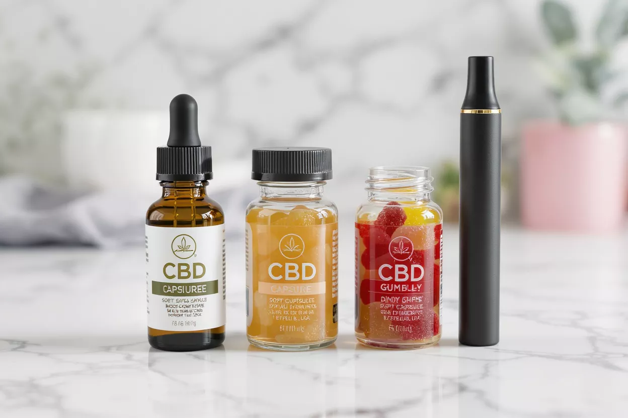 CBD oil dropper bottle, capsule bottle, gummy jar, and vape pen on marble surface.
