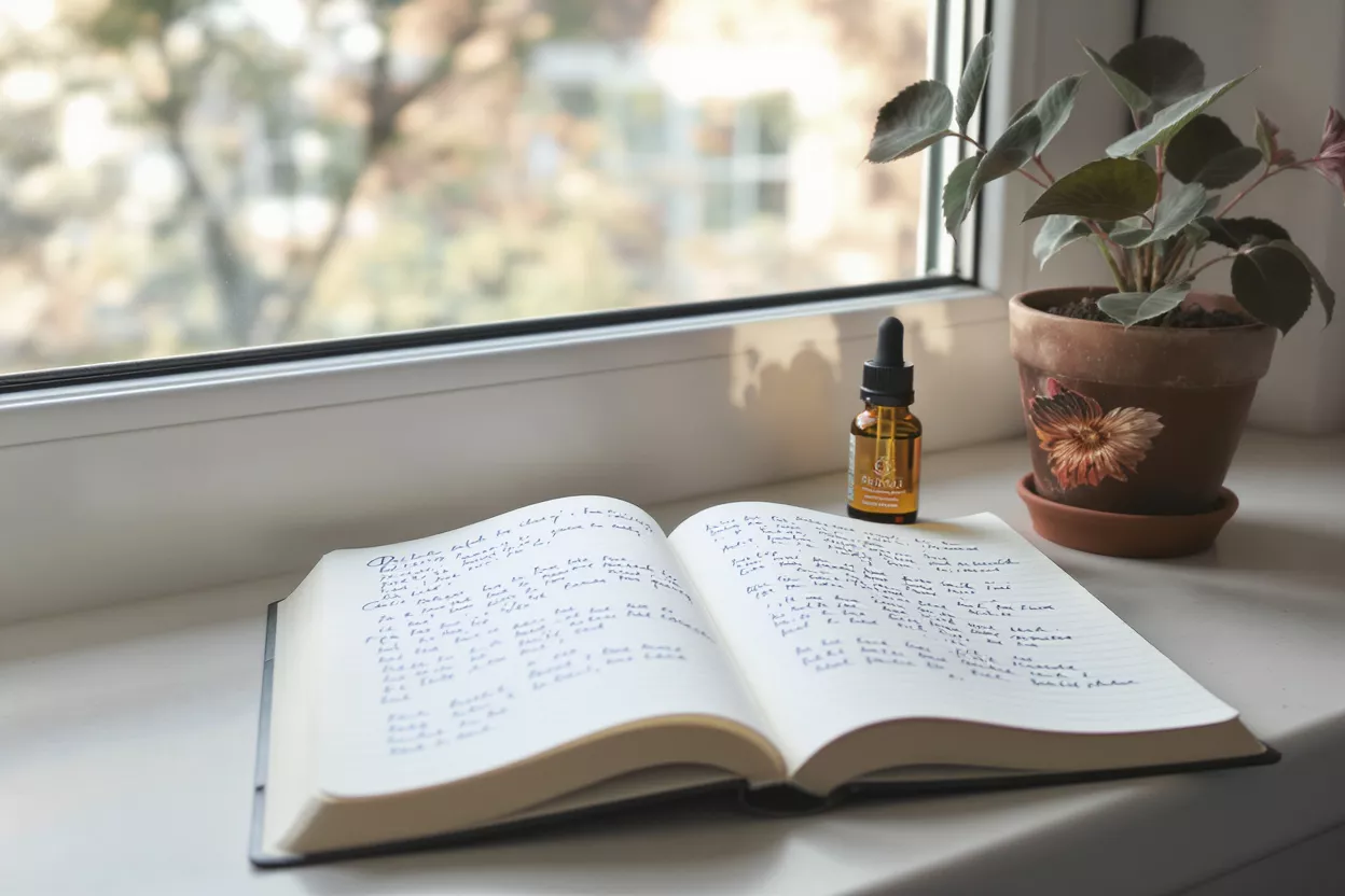 Open journal, oil bottle, and potted plant on a sunlit windowsill.