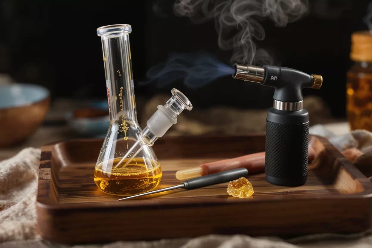 Dab rig, torch with smoke, concentrate, and dab tool on a wooden tray.