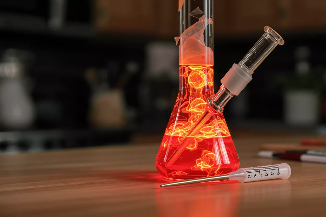 A glass beaker filled with glowing red liquid and a thermometer on a wooden surface.
