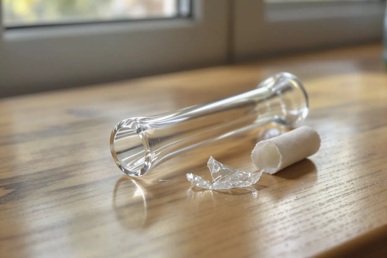 Clear glass vase with crumpled plastic and rolled paper on a wooden surface.