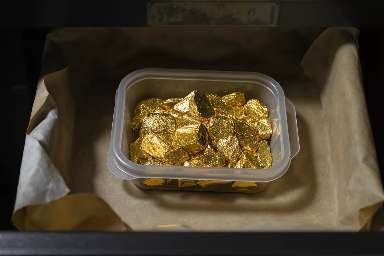 A plastic container filled with golden nuggets on a baking tray lined with parchment paper.