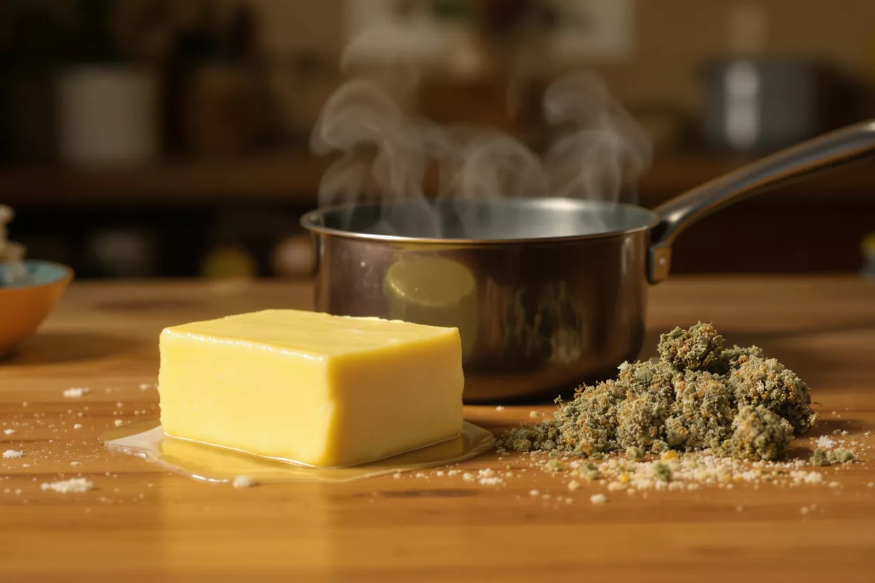 Un bloc de beurre, du cannabis moulu et une casserole fumante sur une surface en bois.