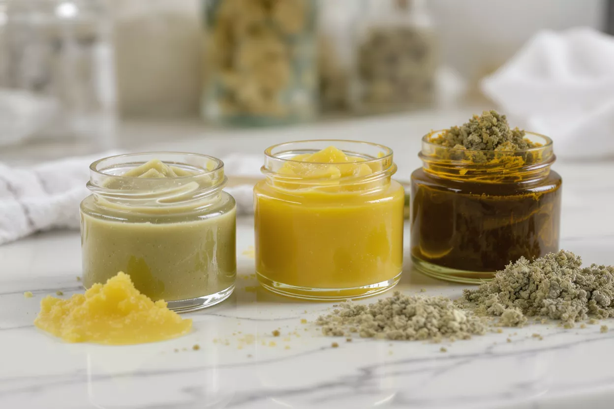 Trois pots d'extraits de cannabis : vert clair, jaune et brun foncé, avec de la poudre散装.