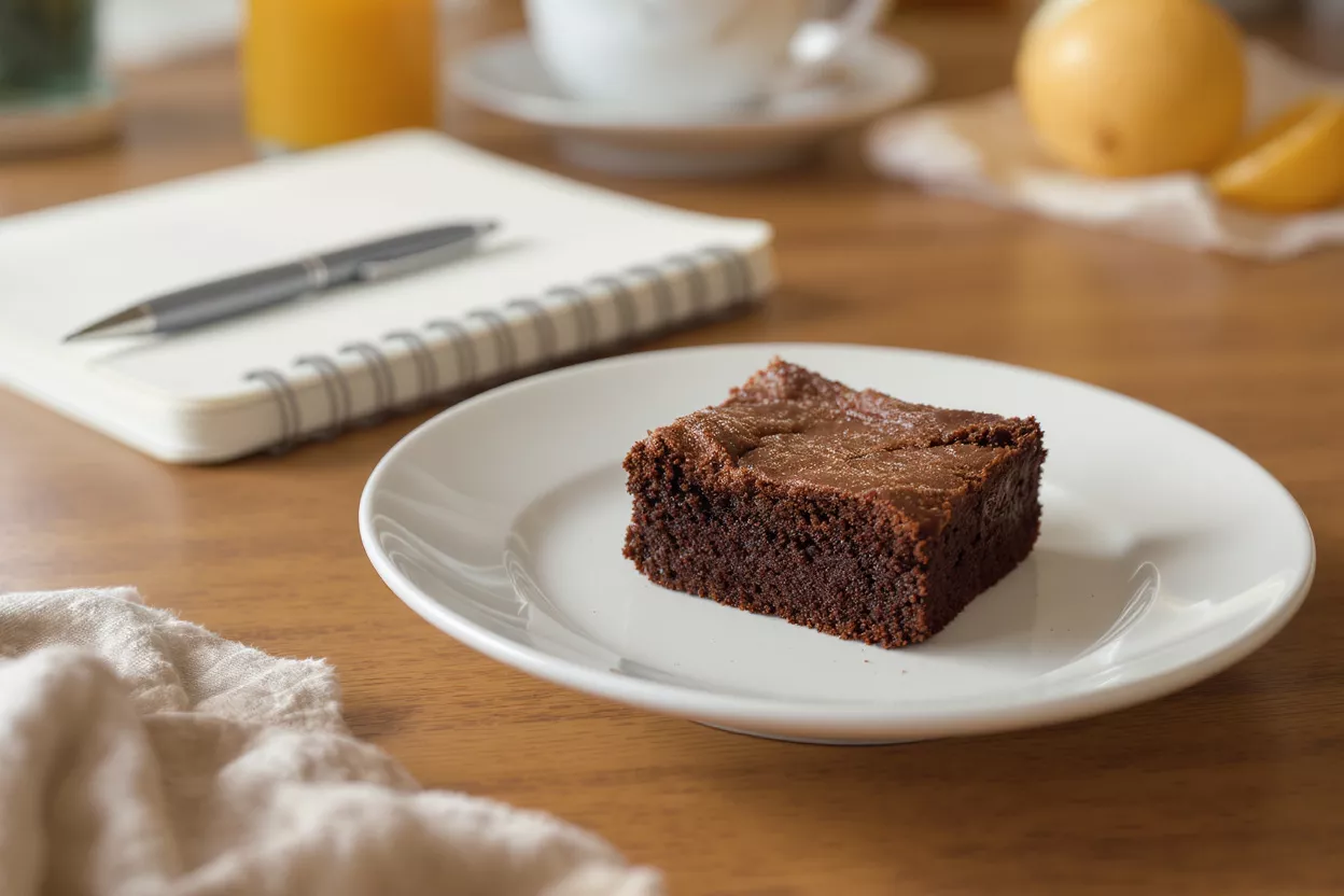 Un rich brownie au chocolat sur une assiette blanche avec du café et un carnet.