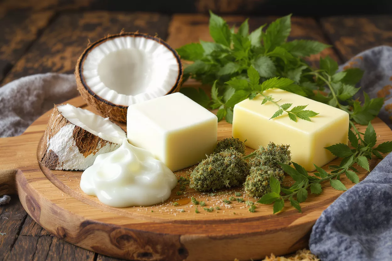 Noix de coco, boutons de cannabis et beurre sur une planche en bois pour beurre infusé.