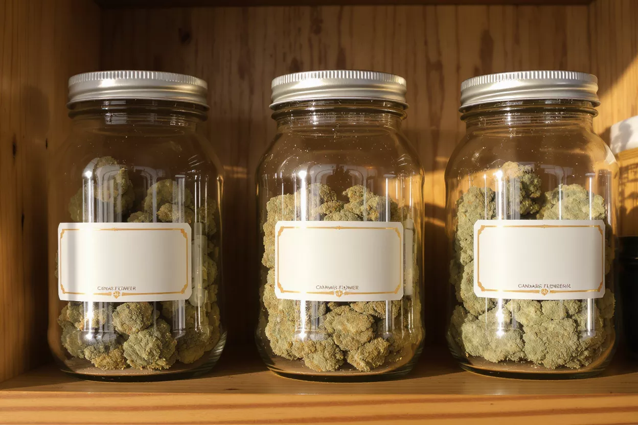 Tres frascos de vidrio llenos de flor de cannabis en un estante de madera.