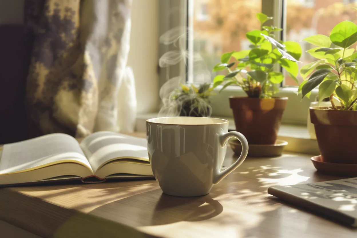Taza de café humeante junto a un libro abierto cerca de una ventana soleada con plantas.