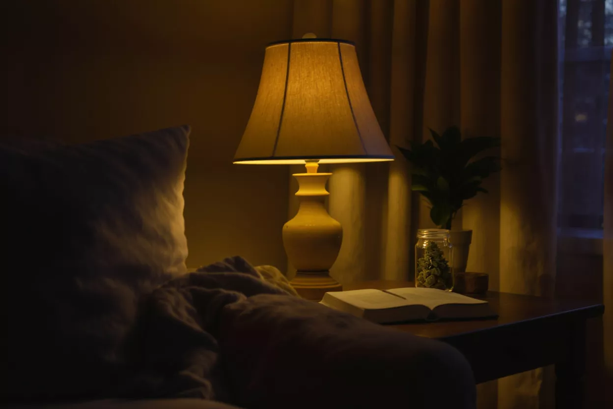 Mesa de noche cálidamente iluminada con lámpara, libro, planta y frasco de cannabis.