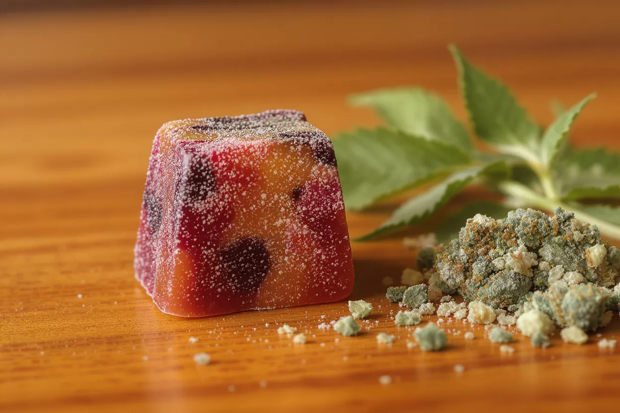 A sugar-dusted fruit gummy next to cannabis extract and a green leaf.