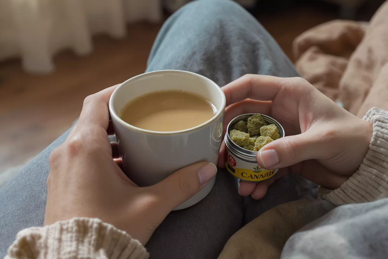 Hands holding a coffee mug and a tin of cannabis gummies on a lap.