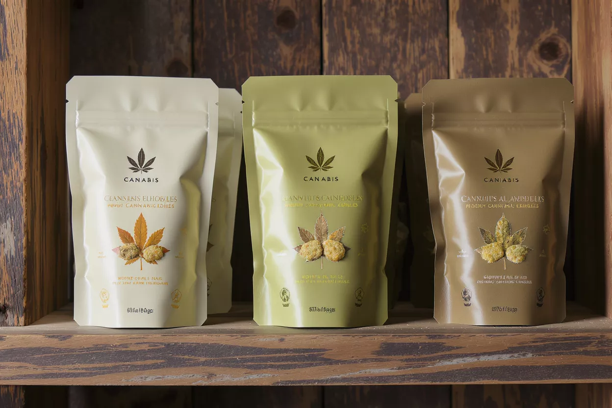 Three stand-up pouches of cannabis edibles in different colors on a wooden shelf.