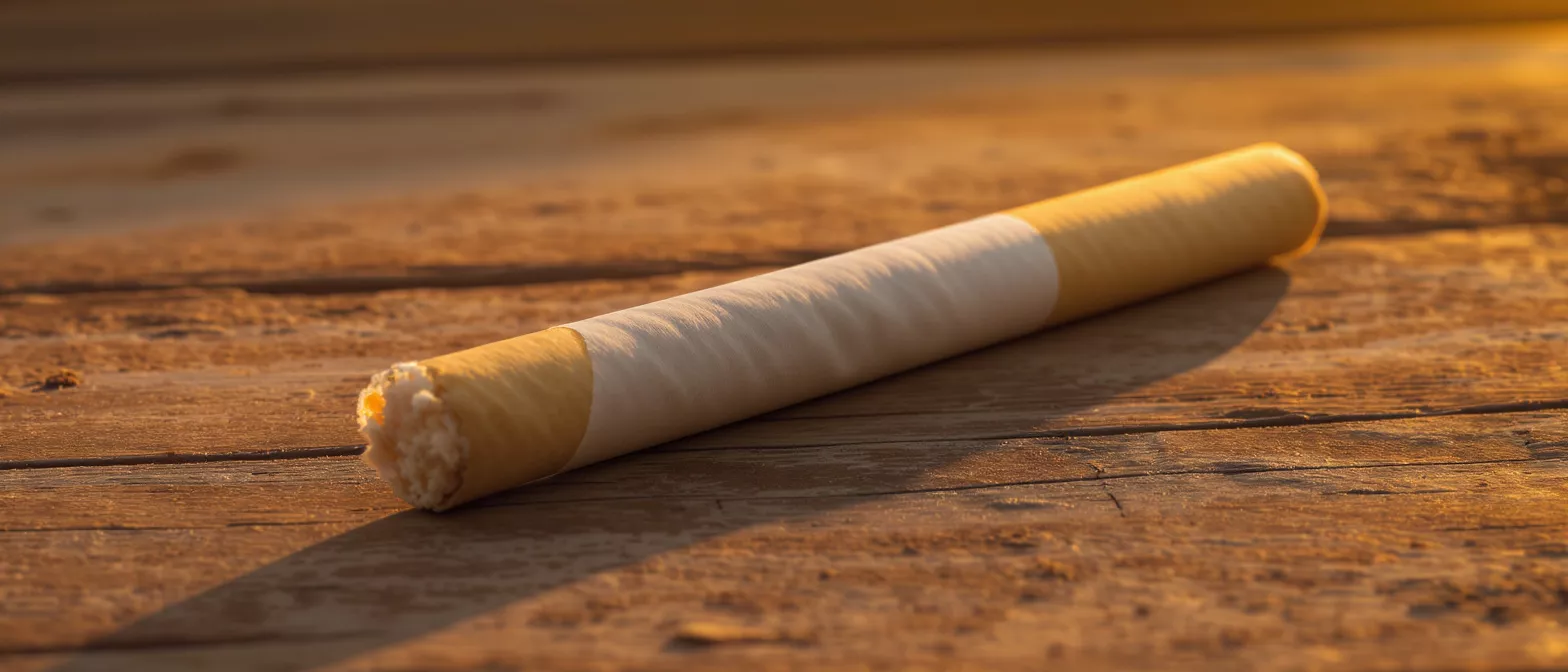 Cigarette on Wooden Surface A single unlit cigarette rests on a textured wooden surface bathed in golden light.