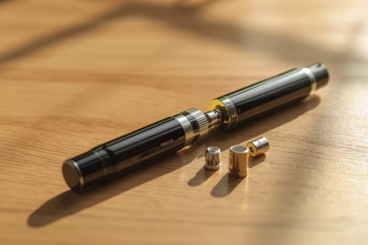 Vape Pen Noir et Or Désassemblé Gros plan d'une vape pen noire et dorée désassemblée sur une table en bois.