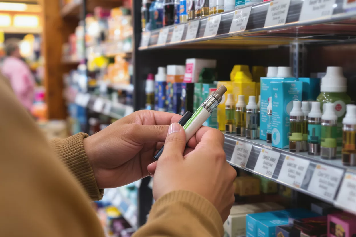 Personne tenant une cigarette électronique en magasin Gros plan de mains tenant une cigarette électronique dans une allée de magasin de détail.