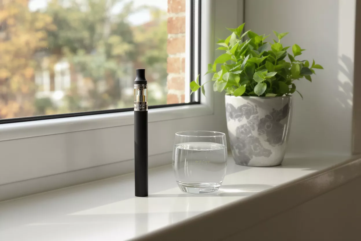 Vaporisateur, Eau et Plante Un vaporisateur noir, un verre d'eau et une plante en pot sur un rebord de fenêtre ensoleillé.