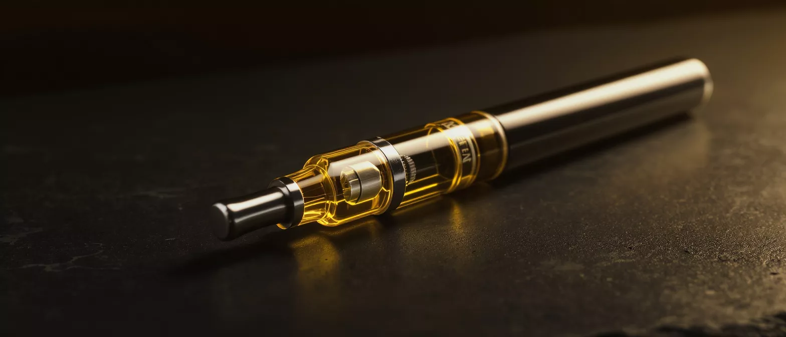 Close-up of a modern vape pen with glowing amber liquid on a dark surface.