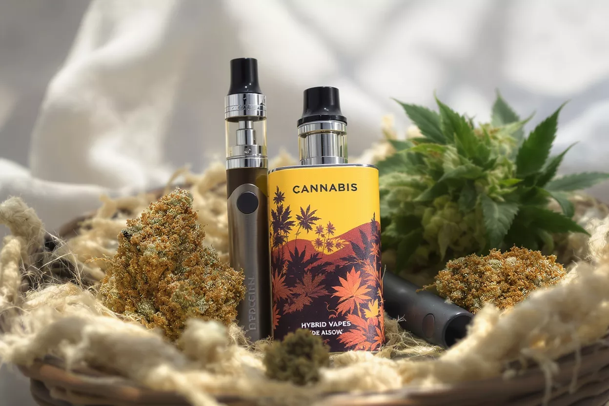 Two vape pens and cannabis buds in a woven basket