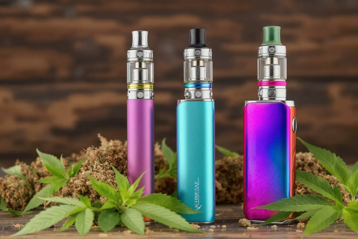 Three colorful vape pens on a cannabis background
