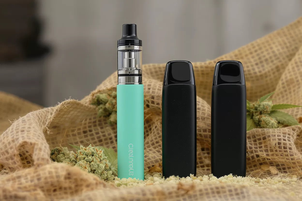 A colorful vape device with two black pods