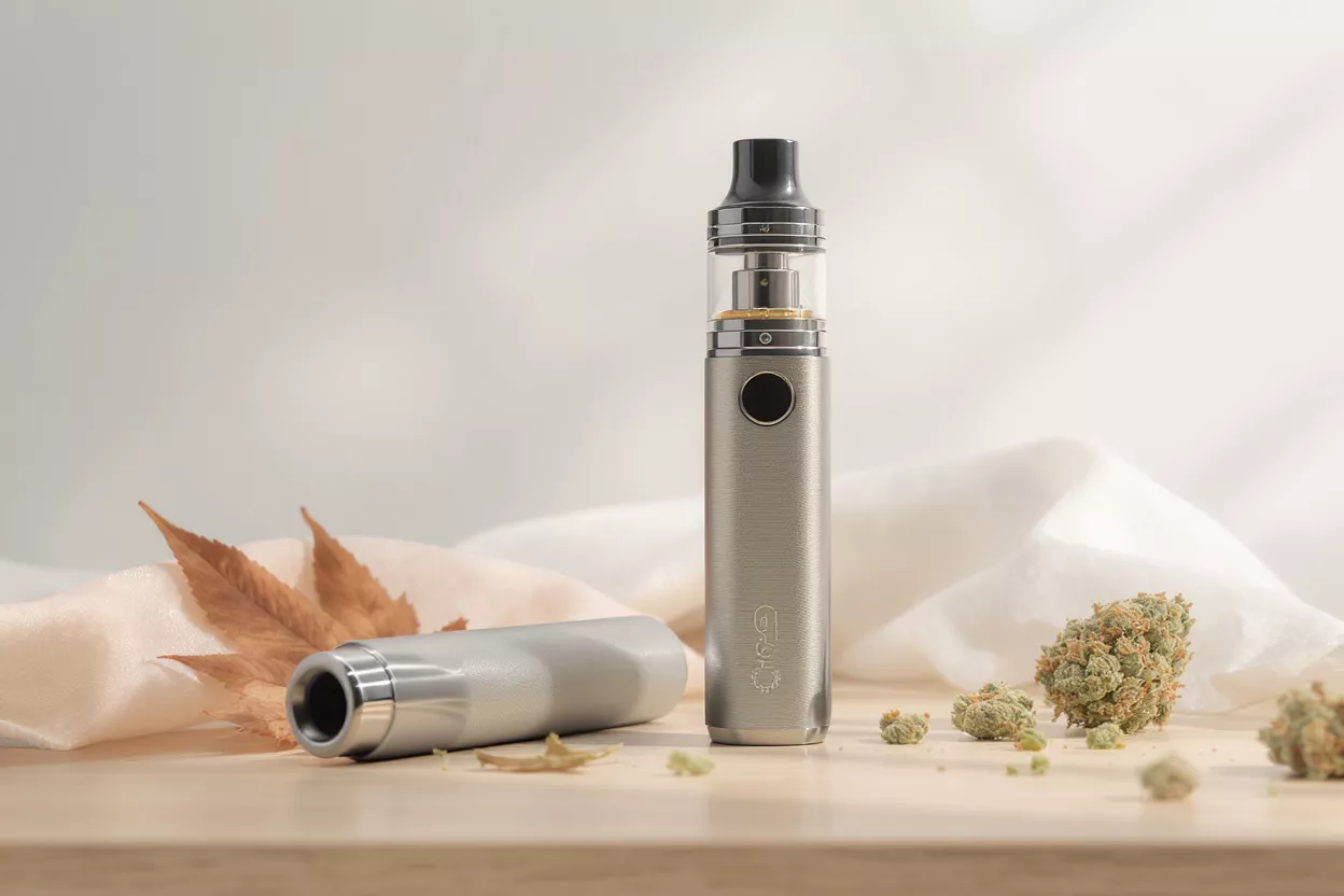 Stylish vape device next to herb and leaves
