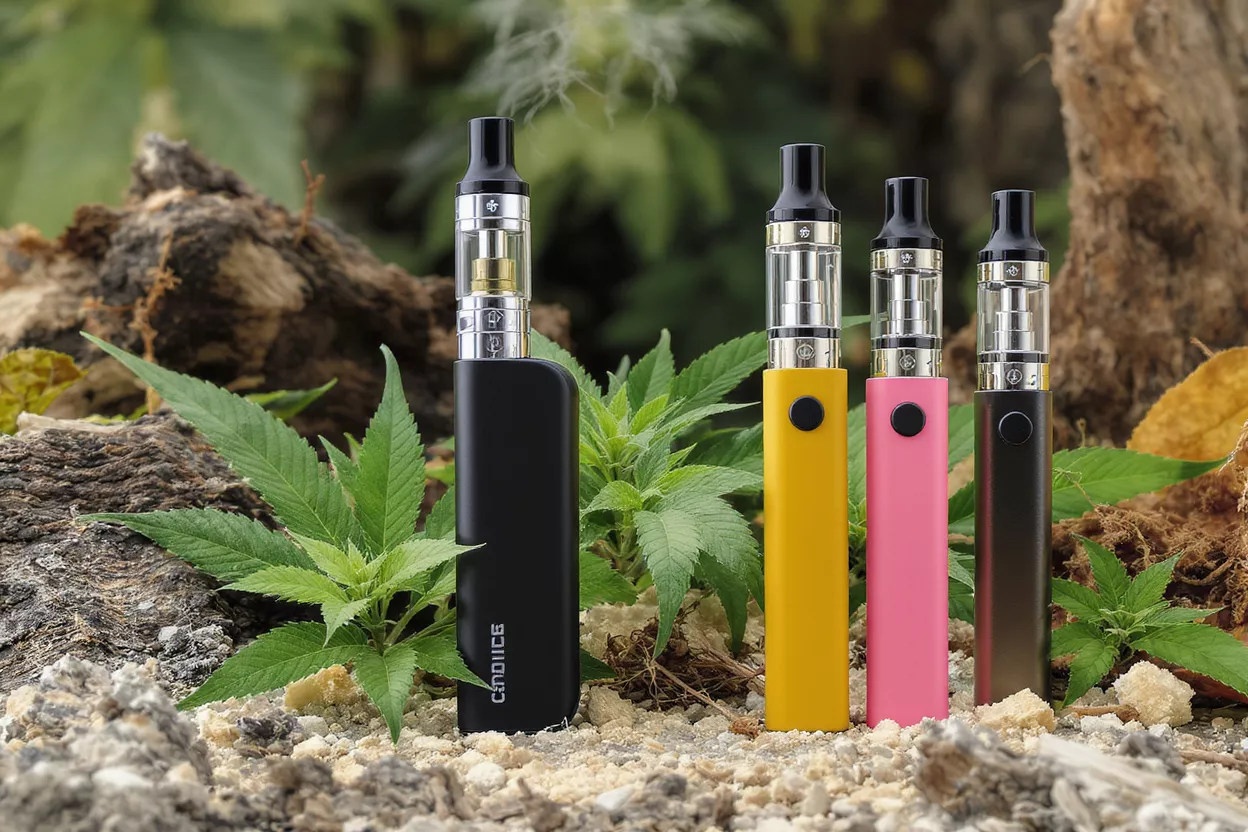 Four colorful vape devices among green plants