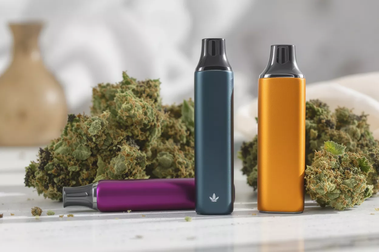 Three vape pens next to cannabis buds
